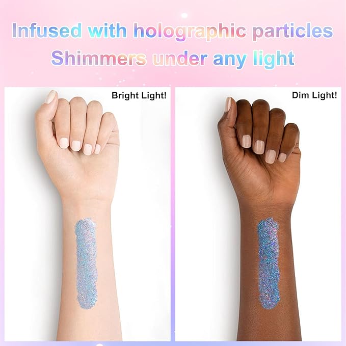 Roll-on Holographic Glitter Gel for Face & Hair,Sparkling Pink Shimmer Makeup,Color Changing Body Glitter for Festivals,Parties & Halloween,Chunky Mermaid Sequins Body Shimmer for Women(Laser Silver)