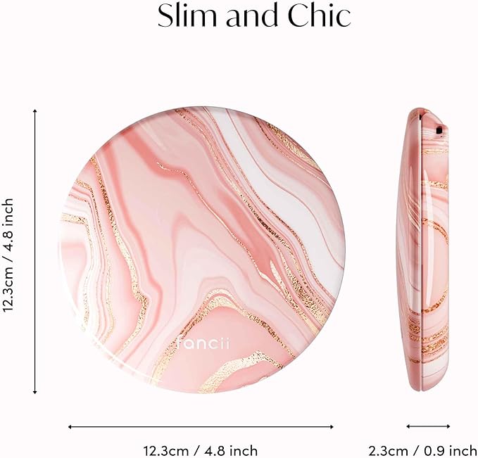 Fancii Taylor LED Lighted Travel Makeup Mirror, Rechargeable, 10x /1x Magnifying, Tru-Glow Lighting System, XL Large 5” Wide | Compact Mirror for Purses (Marble Rose)