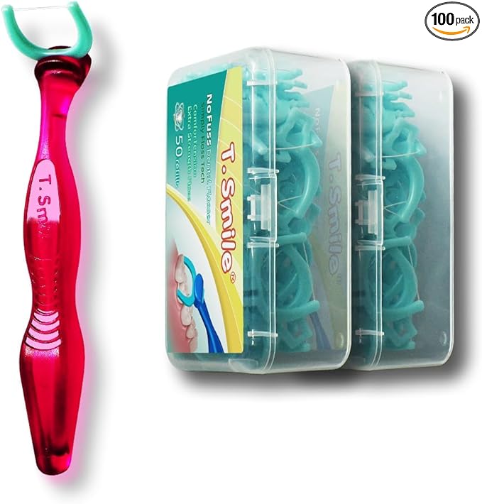 T.Smile NoFuss Dental Flosser Kit, 5-inch Long Handle & Refill Heads, Extra-Strength Floss for Comfortable Clean, Fluoride Free (1 Red Handle + 100 Refills)