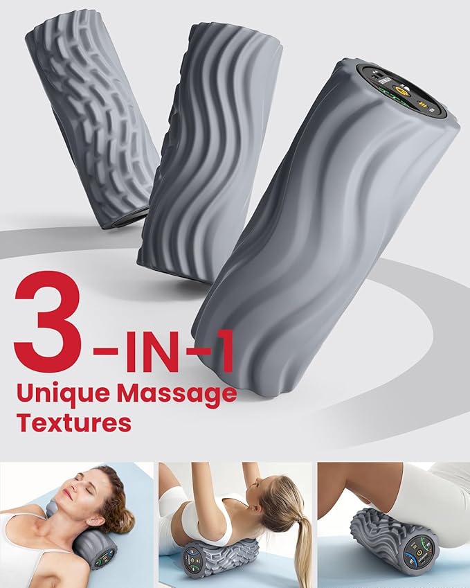 FITINDEX Vibrating Foam Roller for Back Pain, FSA&HSA Eligible, 5-Speed Muscle Massage, Exercise, Muscles Deep Tissue, Physical Therapy, Pilates, Yoga, Neck, Leg, Rechargeable, Travel Portable Gray