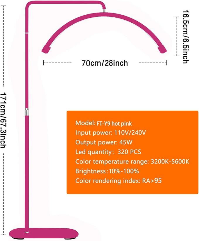 Bling Half Moon Lash Light | Dimmable LED Diamond Esthetician Light for Eyelash Techs - LED Floor Lash Lamp with Adjustable Height, Touch Control & Stable Base | Warm & Cool Tones | Hot Pink