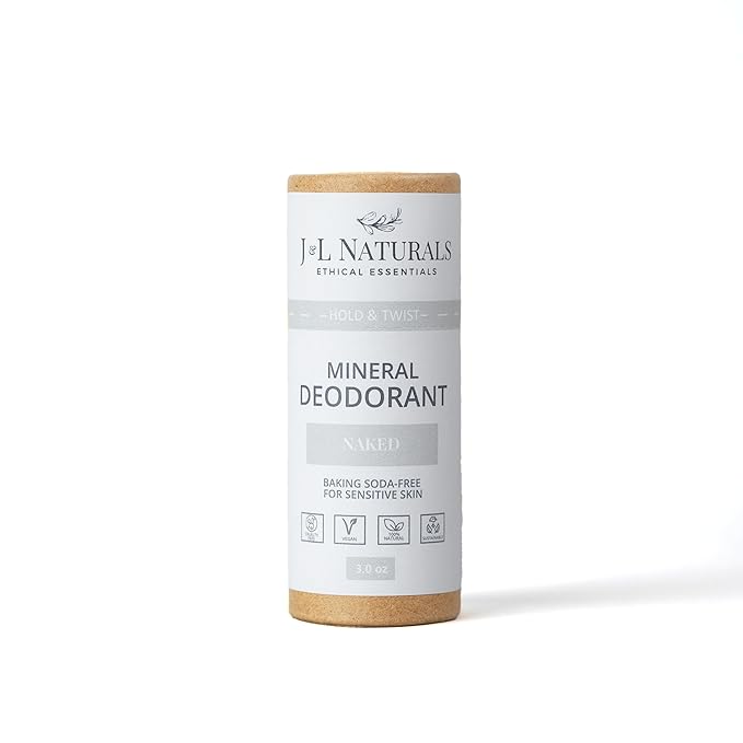 J&L Naturals Mineral Deodorant | Baking Soda-Free, 100% Natural, Sustainable Skin Care | Sensitive Deodorant For Women & Men | Aluminum Free, Vegan, Cruelty-Free (Naked, 3 Oz (Pack of 1))