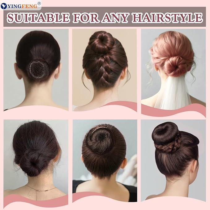 YINGFENG 134 Pcs Brown Hair Bun Maker Kit Medium - 4 Bun Hair Pieces for Women, 20 Hair Net for Buns, 100 Bobby Pins for Women, 10 Hair Bands, for Ballet Styling, Hair Accessories for Girls
