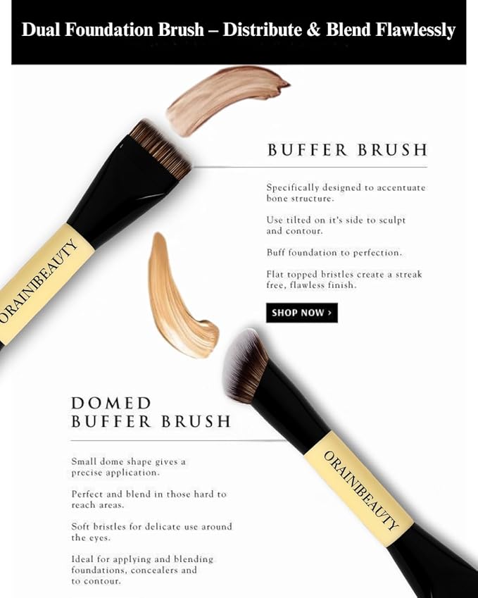 OrainiBeauty Dual-Ended Foundation Brush – 2-in-1 Makeup Brush for Liquid, Cream & Powder | Precision Tip for Contour & Hard-to-Reach Areas | Soft Vegan Bristles, Streak-Free Finish.