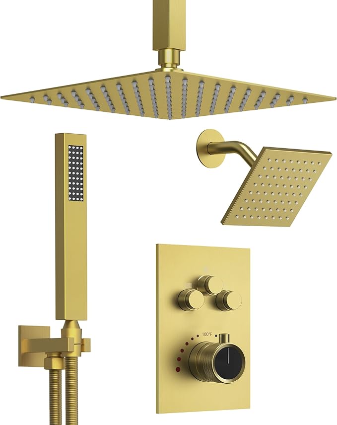 GRANDJOY Thermostatic Shower System, Dual Rainfall Shower Heads for Ceilling & Wall Mounted with Handheld Sprayer, Brushed Gold
