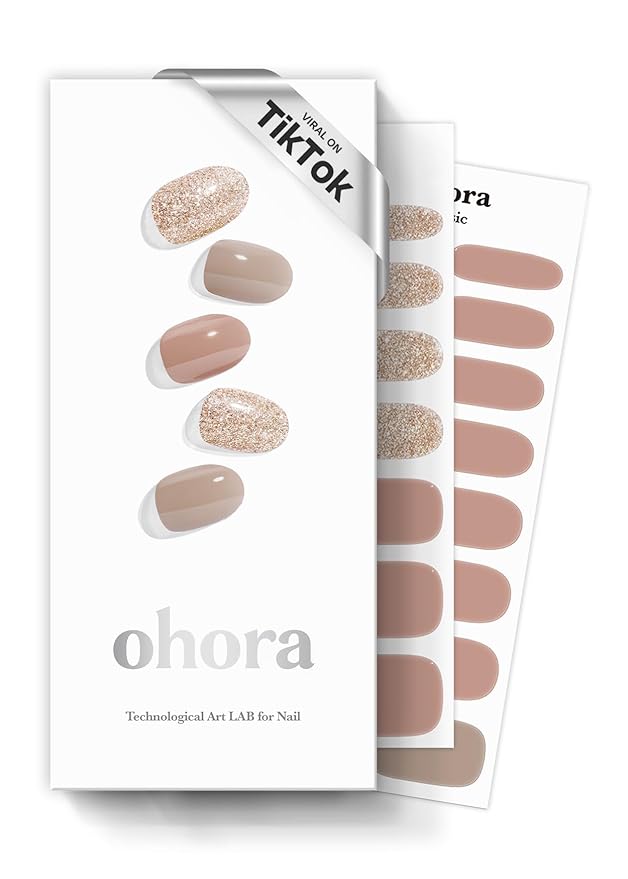 ohora Semi Cured Gel Nail Strips (N Carmel) - Nude, Glitter, Works with Any UV/LED Lamps, Salon-Quality, Long Lasting, Easy to Apply & Remove - Includes 2 Prep Pads, Nail File & Wooden Stick