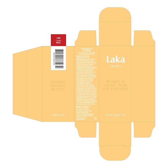 Laka Fruity Glam Tint, 4.5g/0.15oz, Glowing Lip Stain with Wide Color Spectrum, Hydrating & Lightweight Texture, Buildable Color, Non-Sticky, Vegan, K-Beauty (#116 Candid)