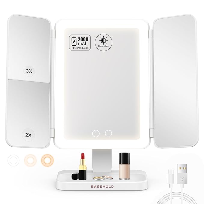 EASEHOLD Lighted Makeup Mirror with 3X Magnification, 3 Color Lights & Touch Sensor - Rechargeable Trifold Vanity Mirror for Travel, Desk, Home Use