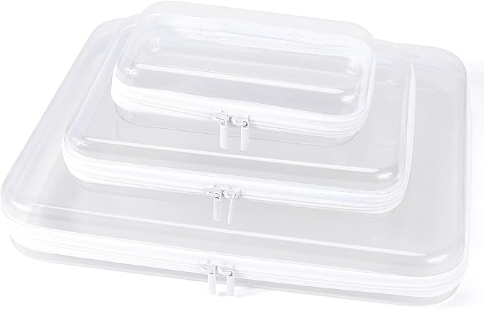 YOPCDJ Clear Hard Shell Zipper Case, Clear Zipper Pouches Waterproof Makeup Organizer & Travel Toiletry Storage Bag, Plastic Pouch for Office, Home, White,3 Pack, LMS