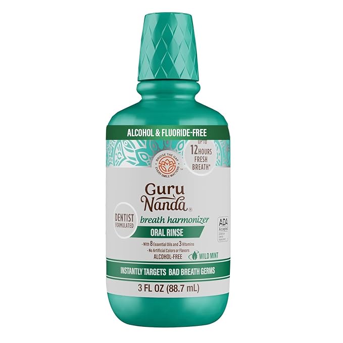 GuruNanda Fresh Breath Mouthwash, ADA-Accepted, Alcohol & Fluoride-Free, Sodium Chlorite, Essential Oils & Vitamins, 12-Hrs Fresh Breath, Wild Mint, 3 oz