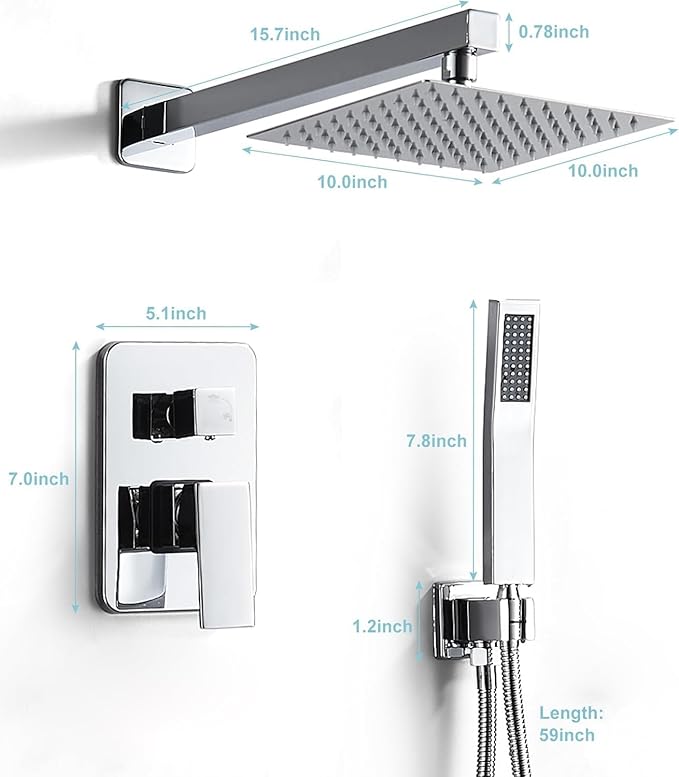 RTTWYYUU Chrome Shower System 10 Inch, Rain Shower Head with Handheld Spray, Luxury Rain Shower Set Square Wall Mount for Bathroom with Rain Shower and Handheld Shower System