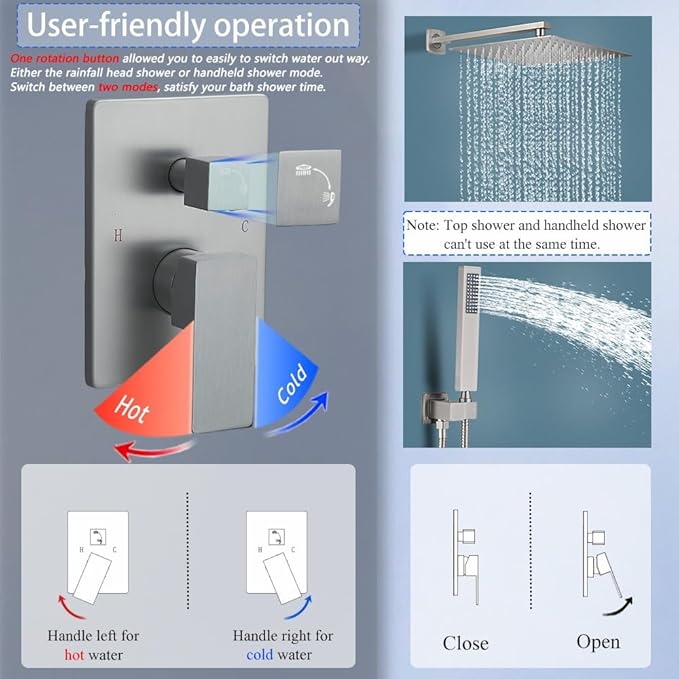 YCAIKOI Shower Faucet Set 16 Inch Wall Mount Rain Shower System, All Metal Shower Fixtures - Brushed Nickel