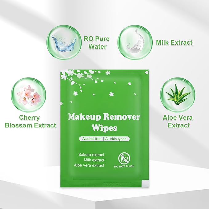 100 PCS Makeup Remover Wipes, Individually Wrapped Wet Wipes for Makeups Remover, Travel Size Facial Cleansing Wipe Bulk, Makeup Wipe for Travel Wedding Hotel