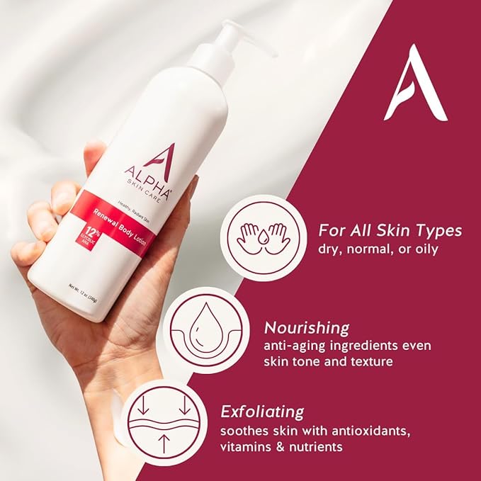 Alpha Skin Care Revitalizing Body Lotion, 12% Glycolic AHA, Simple & Effective Daily Moisturizer Hydroxy Acid, Hydrates & Exfoliates for Soft, Smooth Skin, Anti-Aging, 12 Oz, Pack of 3