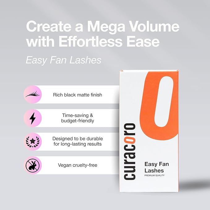 Curacoro Easy Fan Eyelash Extensions 0.03~0.07mm Thickness, C CC D Curl, 9mm-16mm Mixed & Single Length, Super Matte Black Volume Self Fanning Lash Extensions, Professional Supplies for Lash Techs