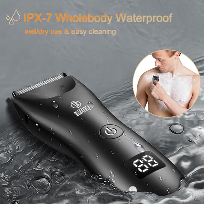 Favrison Body Hair Trimmer for Men, Electric Ball Trimmer with Ceramic Blade, Waterproof Pubic Groin Hair Trimmer for Mens Grooming Kit with LCD Display & Recharge Dock (Black)