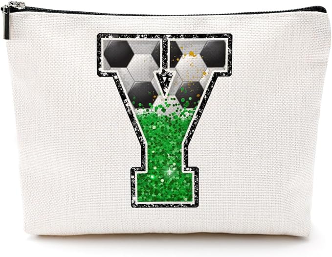 CQM Soccer Gifts Initial Makeup Bag Monogrammed Cosmetic Bag Letter Y Zipper Pouch Soccer Accessories for Girls Women Soccers Player Coaches Friend Soccers Stuff Graduation Birthday Gifts