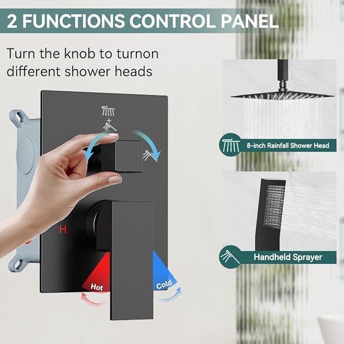 Shower Faucet Set Matte Black Shower System, Starbath 8" Rain Shower Head and Handheld Spray Shower Set Complete Ceiling Mounted,2 Way Pressure Balance Shower Valve and Trim Kit Included