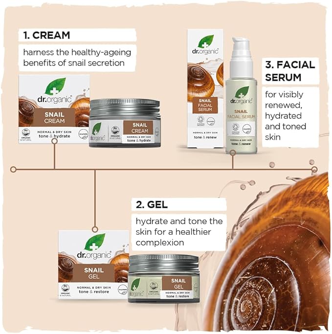 Dr. Organic Snail Gel Facial Serum | Hydrates and Restores Skin, Reduces Fine Lines, Natural, Certified Organic, Paraben & SLS-Free, 30 mL / 1 fl oz