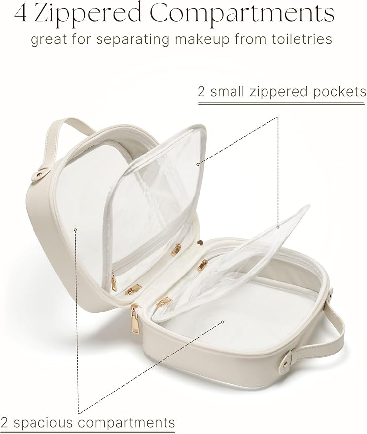 Oaque Clear Cosmetic Bag Double Layer Travel Toiletry Bag Clear Makeup Bag Case with 4 Compartments, Transparent Travel Bag for Toiletries, Large Toiletry Bag for Women Cosmetic Case (White, Large)