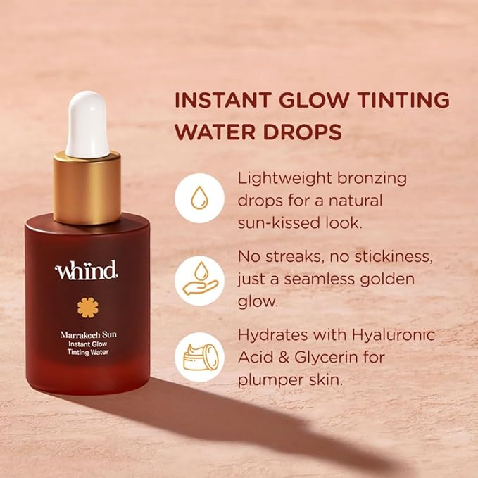 WHIND Marrakech Sun Instant Glow Tinting Water- Self Tanner Face Drops –Bronzing for Face –Lightweight Tanner/Natural Tan- Streak-Free Glow – Tan Drops for Radiant Skin - 1oz / 30ml