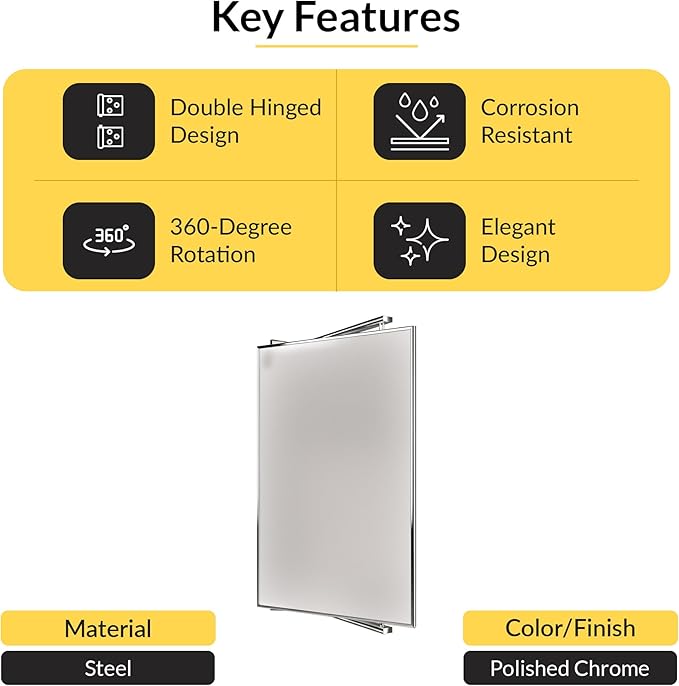 BRIXWELL Pivot-N-Vue Double Hinged Rectangular Mirror, Tubular Steel with Silver Brazed Joints, Polished Chrome Finish, 14" Width x 22" Height, 10" Extendable Arms, Adjustable Wall Mount Mirror