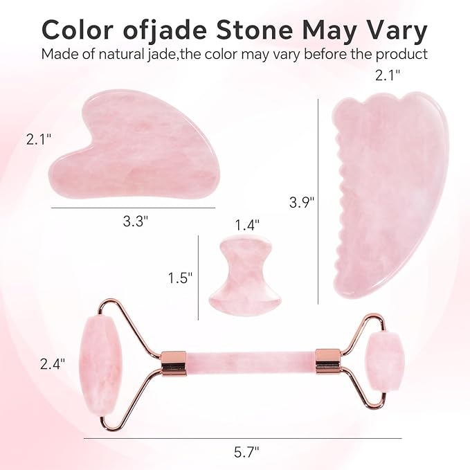 Jade Roller & Gua Sha Set, 4-Piece Facial Tool Kit for Glowing Skin, Anti-Aging, Puffiness & Wrinkles, Natural Jade Stone Face Massager for Lymphatic Drainage, Includes Eye Massager, Gift Ready