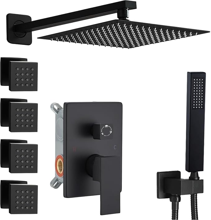 annazom Matte Black Shower Faucet Set with Body Jets 10 Inch Matte Black Shower Head Handheld Shower Combo Set High Pressure Wall Mount with Rough-in Valve