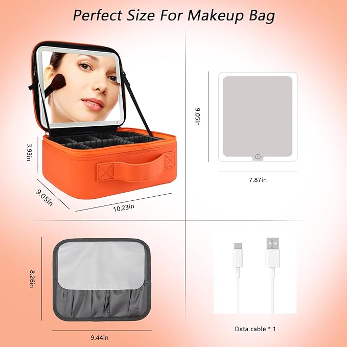 SLUMAZI Travel Makeup Bag with LED Mirror Travel Makeup Organizer with 3 Lighted Settings, Adjustable Dividers and Makeup Brush Storage Bag Orange