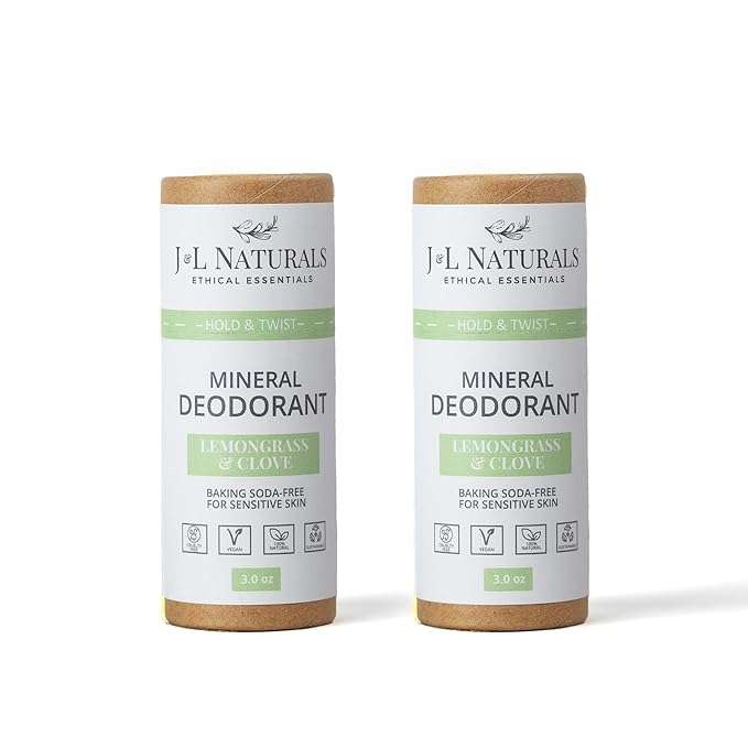 J&L Naturals Mineral Deodorant | Baking Soda-Free, 100% Natural, Sustainable Skin Care | Sensitive Deodorant For Women & Men | Aluminum Free, Vegan, Cruelty-Free (Lemongrass & Clove, 3 Oz (Pack of 2))