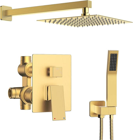 Longriver Shower Faucet Set, Shower System Bathroom High Pressure 12 Inches Rainfall Shower Head with Handheld Spray, Wall Mounted Shower Fixtures with Shower Valve and Trim Kit, Brushed Gold