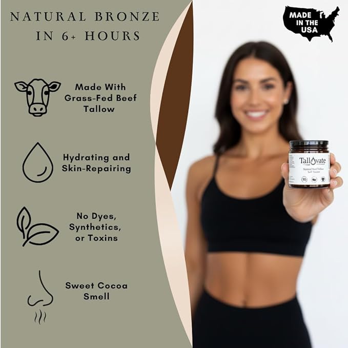 Natural Self Tanner with Beef Tallow – Quick Tan for Face & Body – Moisturizing, Non-Toxic, Olive Oil + Cocoa, Sunless Tanning – Browning Lotion – 4oz