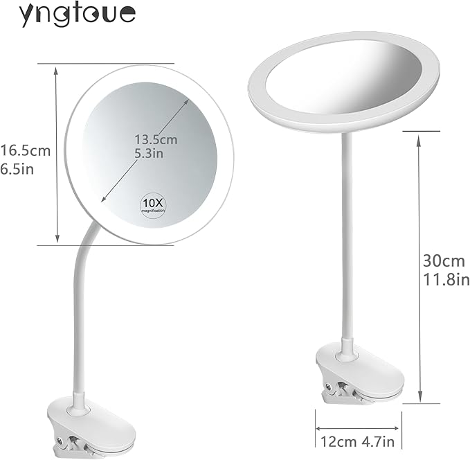 6.5" Clip on Vanity Makeup Mirror with Light, gooseneck Travel 5X Magnifying Mirror,USB Recharge (White 5X)