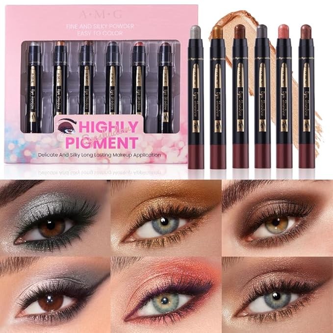 AMG 6Pcs Cream Eyeshadow Brightener Stick Makeup Set, 24HR Wear, Long Lasting, Rich Color,Waterproof Eyeshadow Pencil Crayon，Precise Tip for Easy Application stage makeup Christmas gift