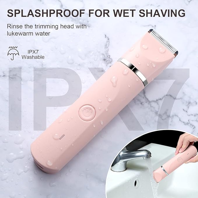 Bikini Trimmer for Women,Rechargeable Ladies Bikini Hair Trimmer Removal with Snap-in Ceramic Blades IP7X Washable Head,Pink