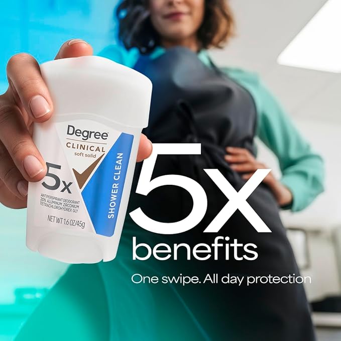Degree Clinical Strength Antiperspirant Deodorant 96-Hour Sweat and Odor Protection Shower Clean Soft Solid 5x Types of Sweat 1.6 oz