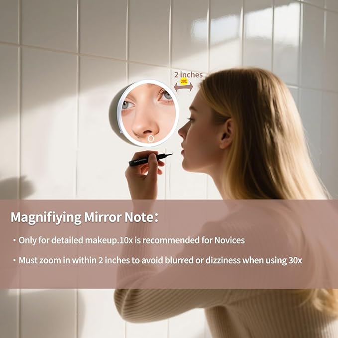 6" 10x Magnifying Mirror with Light Suction Cup,Led Close up Makeup Mirror with 360° Stand,3 Color Lighted Personal Mirror 10x,10 Times Functional Zoom Mirrors for Partial Details
