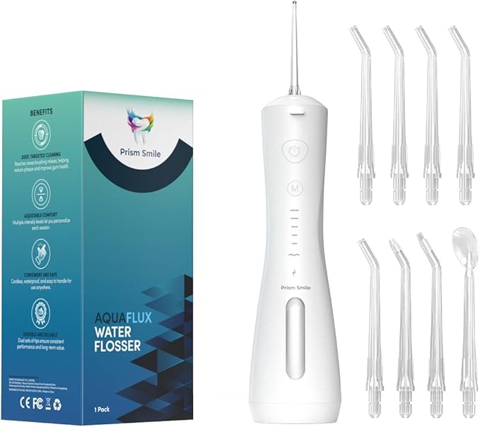 AquaFlux Water Flosser, Cordless Dental Irrigator with 6 Modes, 240ml Tank, IPX7 Waterproof, 30-Day Battery Life, 8 Tips Included