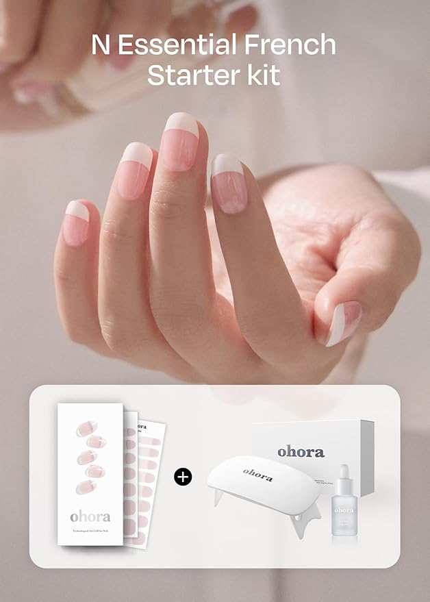 ohora Semi-Cured Gel Nail Strips Value Set (N Essential French Starter Kit) Includes Full Size Lamp and Mini Remover, Salon-Quality, Long Lasting, Easy to Apply & Remove