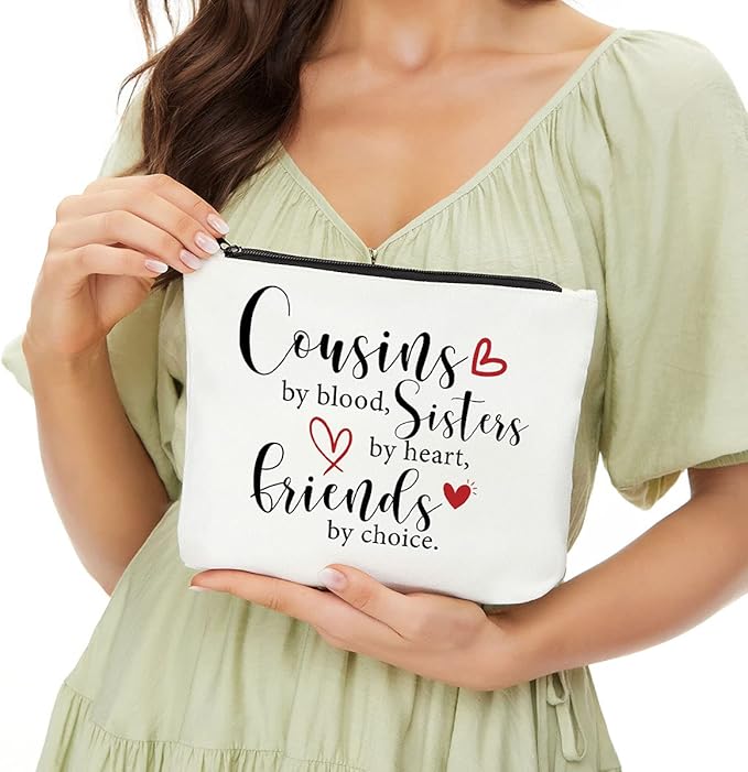 JIUWEIHU Cousin Gifts for Women, Cousin Birthday Gift Cousins by Blood, Sisters by Heart, Friends by Choice hanksgiving Christmas Graduation Wedding Gifts for Women, Girls, Her Cousin Makeup Bag