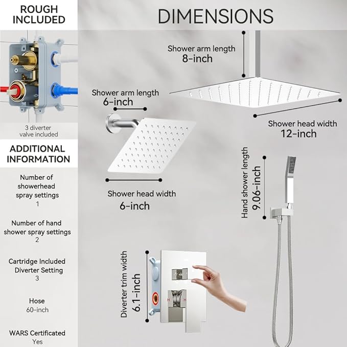 Shower Faucet Set Shower Systems, STARBATH 3 Way Shower Faucet with 2 in 1 Handheld, Ceiling Mount 12+6" Dual Rain Shower Head for Two People (6"+12" Rain Shower with Handheld, Chrome)