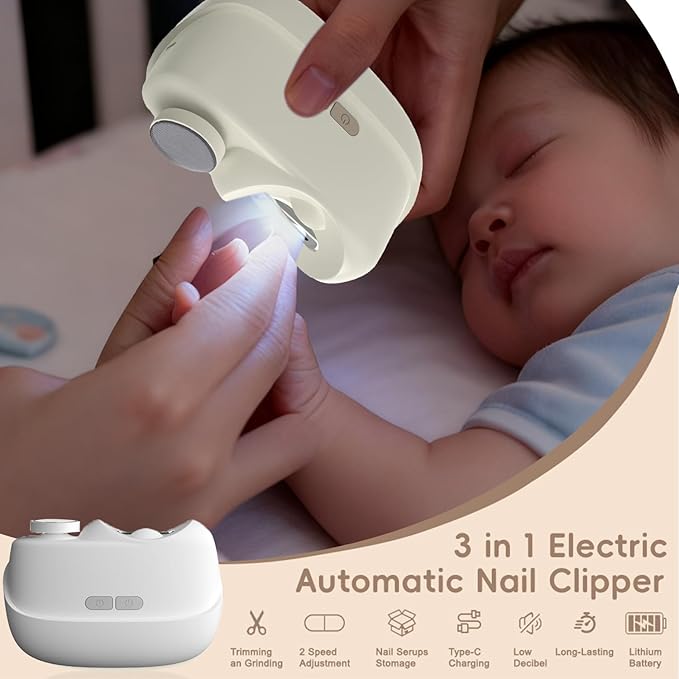 Electric Nail Clippers for Seniors,Smart Nail Clippers 2026 New 3 in 1 Electric Toenail Clipper with Polishing and LED Light,Smart Toenail Clipper 2 Adjustable Speeds for Adults,Baby (White)