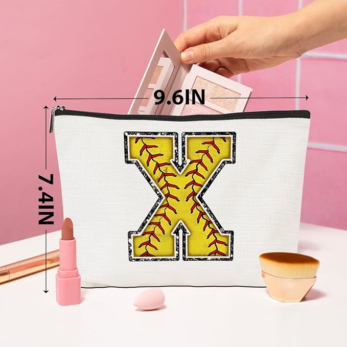 CQM Softball Gifts Initial Makeup Bag Monogrammed Cosmetic Bag Letter X Zipper Pouch Softball Accessories for Girls Women Player Coaches Friend Graduation Birthday Gifts