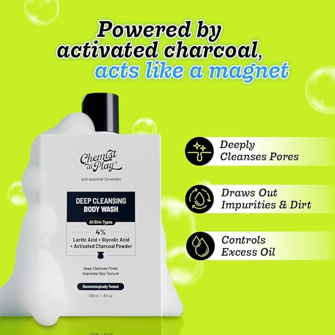 Chemist at Play Deep Cleansing Body Wash| Activated Charcoal Removes Dirt | Lactic Acid for Skin Texture| Glycolic Acid for Exfoliation| 7.9 Fl oz
