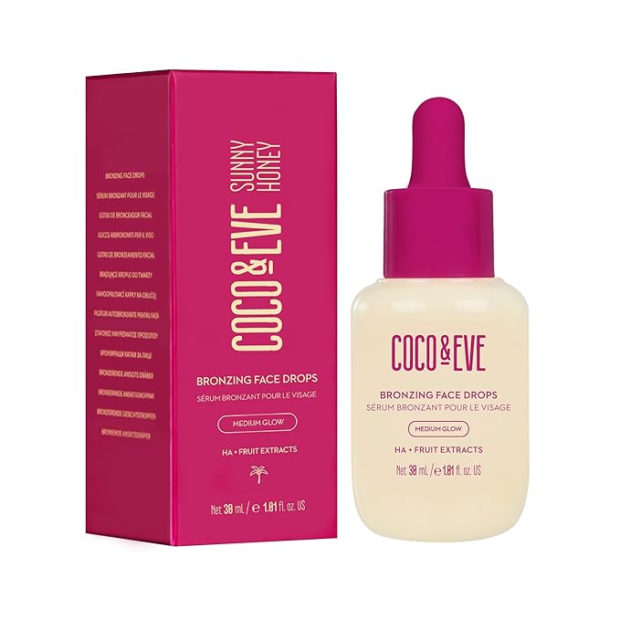 Coco & Eve Sunny Honey Bronzing Face Tanning Drops (Medium Glow) for Natural Self Tanning Hydrating Hyaluronic Acid. Gradual Face Tanning Serum. Indoor Sunless Moisturizing Self Tanner (1 fl oz)