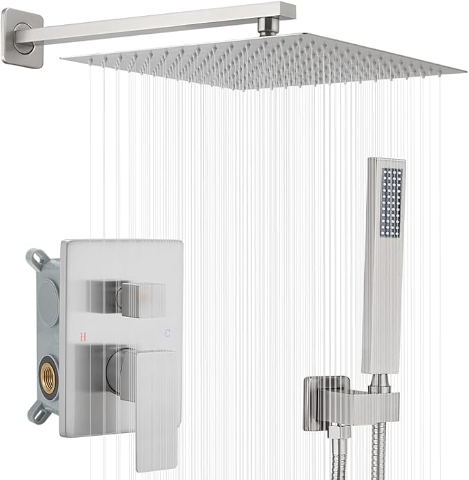 YCAIKOI Shower Faucet Set 16 Inch Wall Mount Rain Shower System, All Metal Shower Fixtures - Brushed Nickel