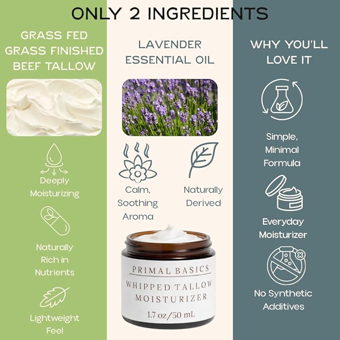 Primal Basics 100% Grass Fed Grass Finished Whipped Beef Tallow Moisturizer/Body Balm for Face, Body, Oily, Dry, Sensitive Skin -Contains Vitamins A, D, E, K -USA Made (1.7 oz, Lavender)