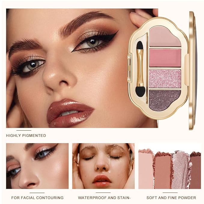 Warm Peach Eyeshadow Palette, 4 Color Peach Coral Matte & Shimmer Eyeshadow Quad, Soft Neutral Pink Shades, Long-Lasting Blendable Eye Makeup, Romantic Daily Makeup Gift for Women