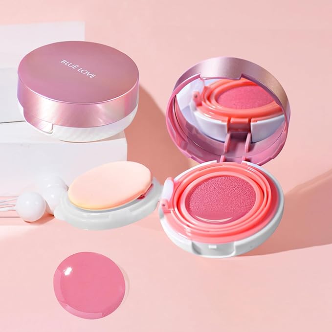 BLUE LOVE Cushion Liquid Blush - Silky Cheek Tint with Mirror, Natural Enhancer for a Radiant Finish, Contours & Highlights for Effortless Elegant (03 Pink Peony)
