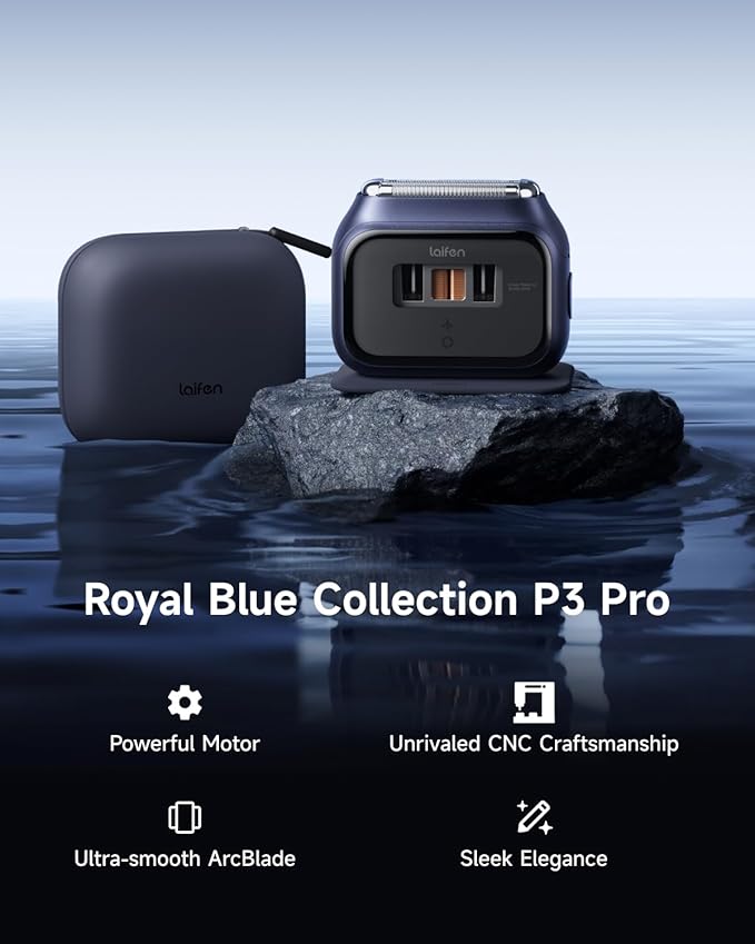 Laifen P3 Pro 3-Blade Electric Shaver Set – Includes P3 Pro Shaver, Travel Pod & Non-Slip Pad, Dual Linear Motors 12,000 Cuts/Min, 100-Min Runtime, IPX7 Waterproof (Royal Blue)
